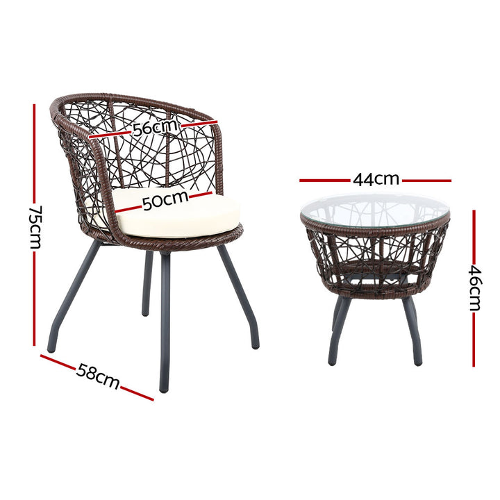 Gardeon 3PC Bistro Set Outdoor Furniture Rattan Table Chairs Patio Garden Cushion Brown