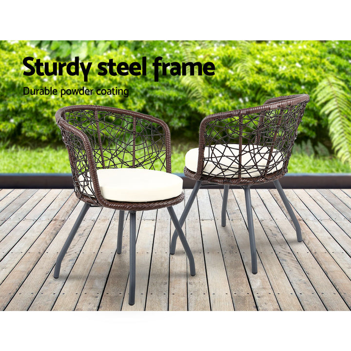 Gardeon 3PC Bistro Set Outdoor Furniture Rattan Table Chairs Patio Garden Cushion Brown