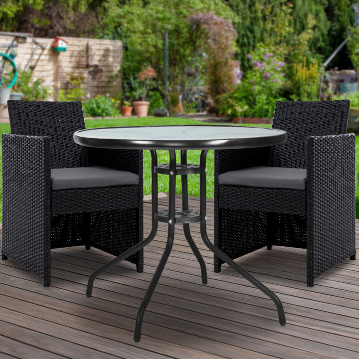 Gardeon 3PC Bistro Set Outdoor Furniture Rattan Table Chairs Cushion Patio Garden Hugo