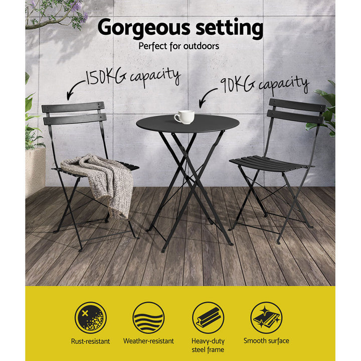 Gardeon 3PC Outdoor Bistro Set Steel Table and Chairs Patio Furniture Black