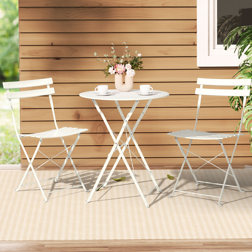 Gardeon 3PC Outdoor Bistro Set Steel Table and Chairs Patio Furniture White