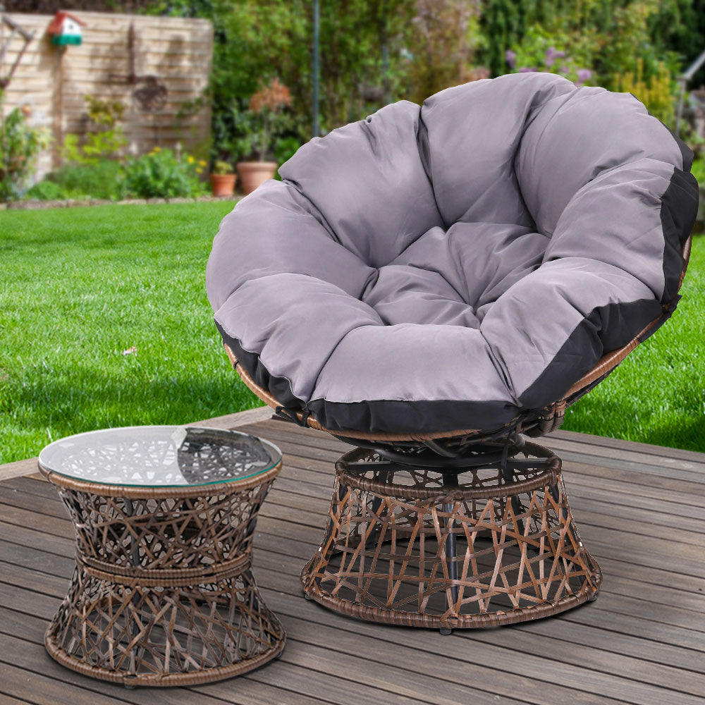 Gardeon Outdoor Lounge Setting Papasan Chair Wicker Table Garden Furniture Brown