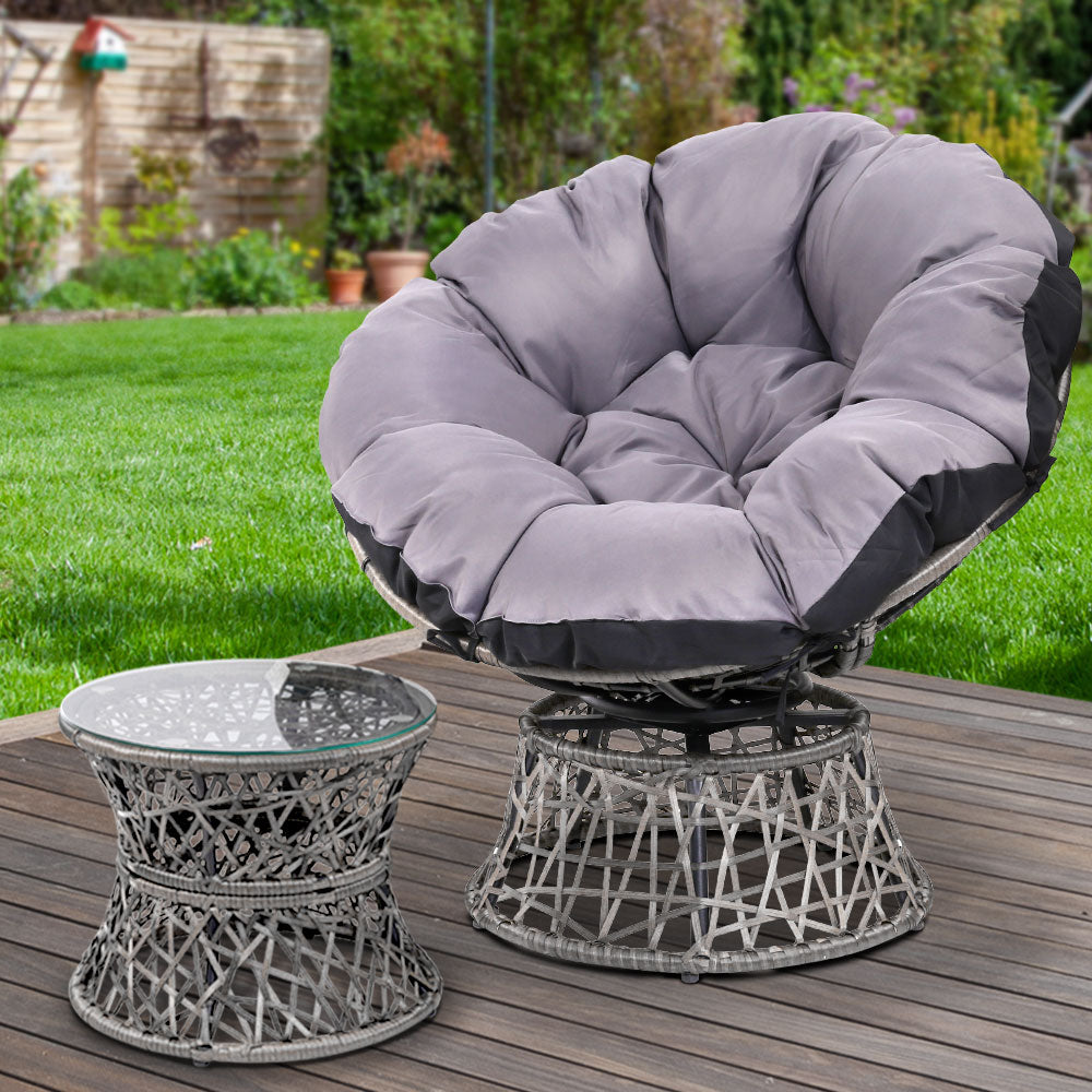 Gardeon Outdoor Lounge Setting Papasan Chair Wicker Table Garden Furniture Grey