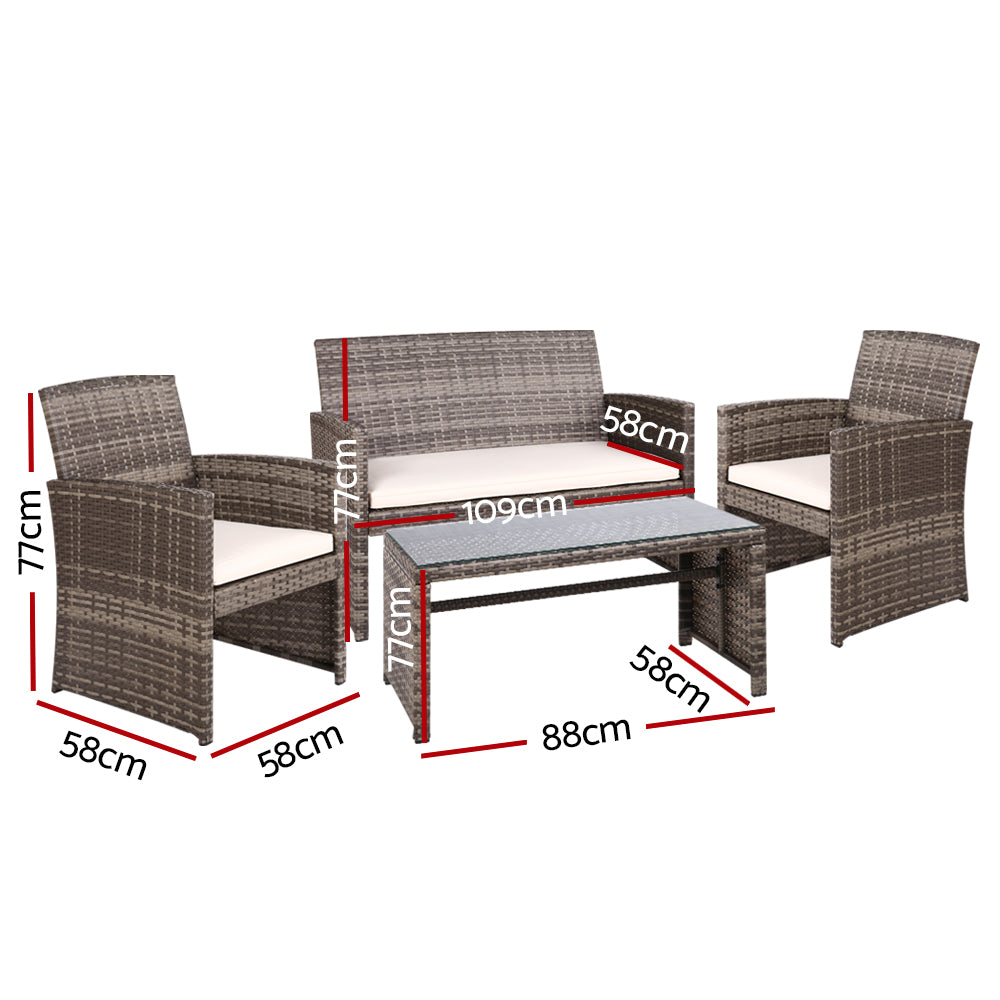 Gardeon 4 PCS Outdoor Sofa Set Rattan Chair Table Setting Garden Furniture Grey