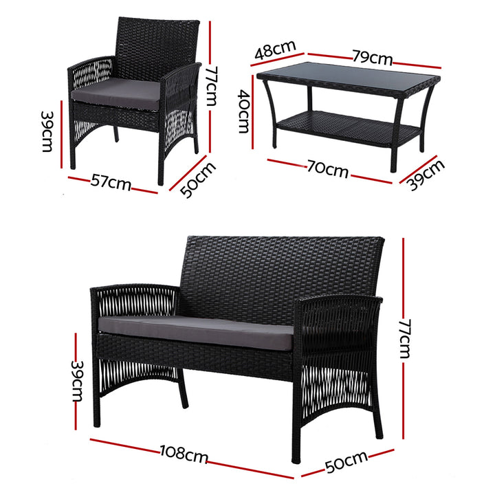 Gardeon 4PCS Outdoor Sofa Set Wicker Harp Chair Table Garden Furniture Black