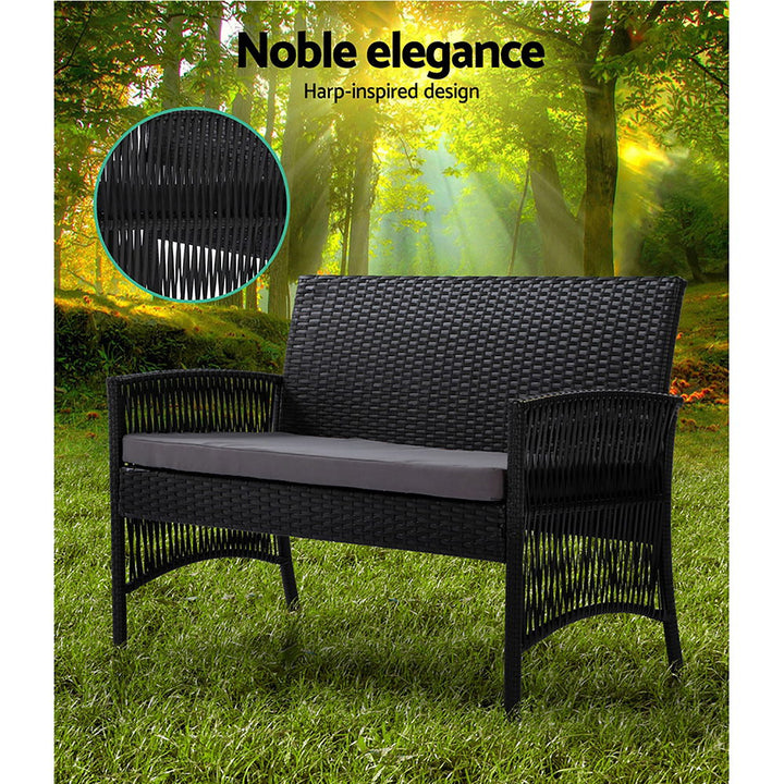 Gardeon 4PCS Outdoor Sofa Set Wicker Harp Chair Table Garden Furniture Black