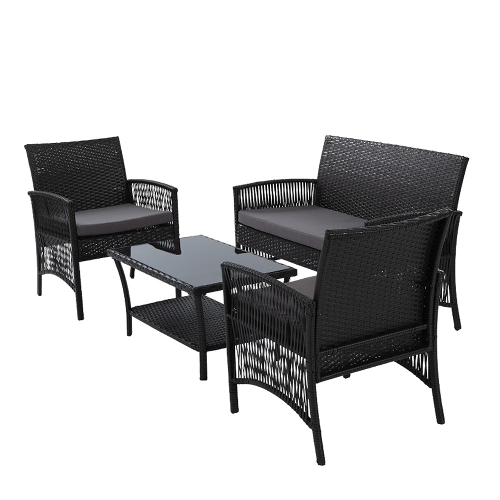 Gardeon 4PCS OutdoorSofa Set with Storage Cover Wicker Harp Chair Table Black