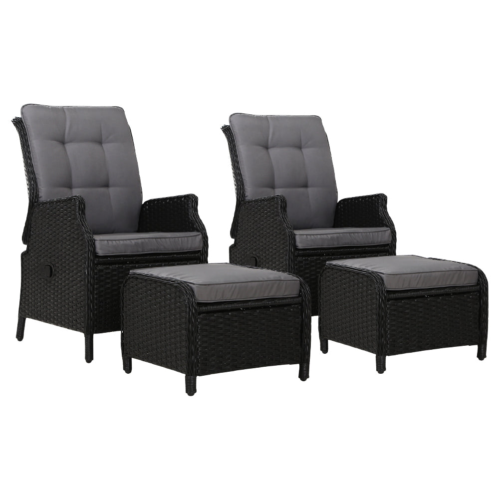 Gardeon 2PC Recliner Chair Sun lounge Wicker Lounger Outdoor Furniture Adjustable Black