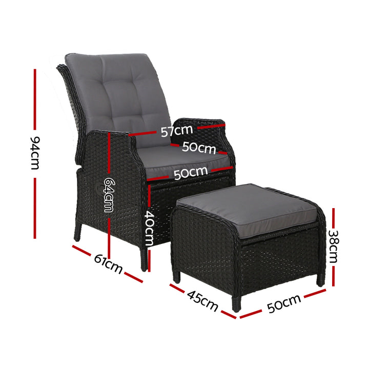 Gardeon 2PC Recliner Chair Sun lounge Wicker Lounger Outdoor Furniture Adjustable Black