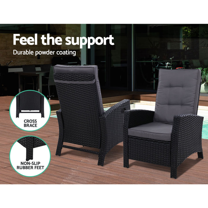 Gardeon 2PC Recliner Chairs Sun lounge Wicker Lounger Outdoor Furniture Adjustable Black