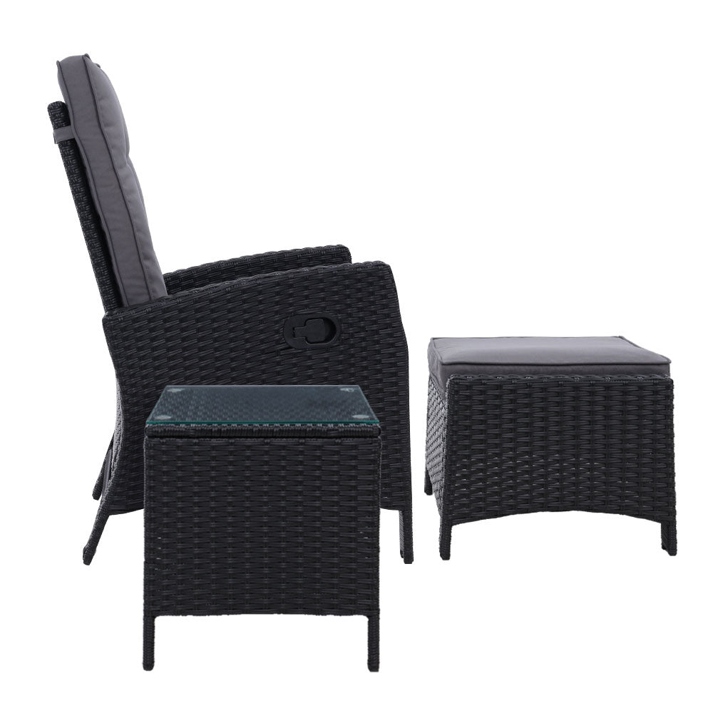 Gardeon 3PC Recliner Chairs Table Sun lounge Wicker Outdoor Furniture Adjustable Black