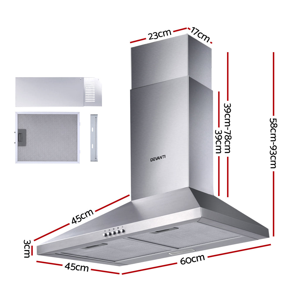 Devanti 600mm Range Hood 60cm Rangehood Stainless Steel