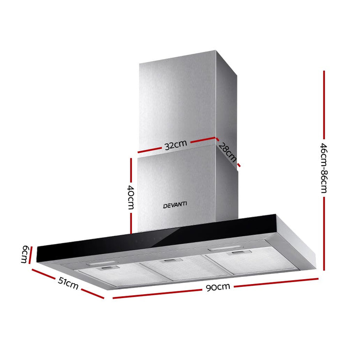 Devanti 900mm Range Hood 90cm Rangehood Glass Stainless Steel