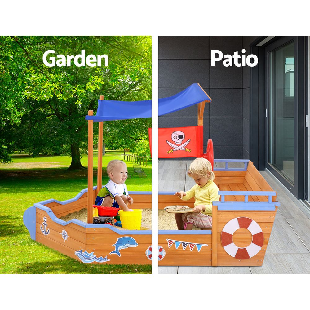 Keezi Kids Sandpit Wooden Boat Sand Pit with Canopy Bench Seat Beach Toys 165cm