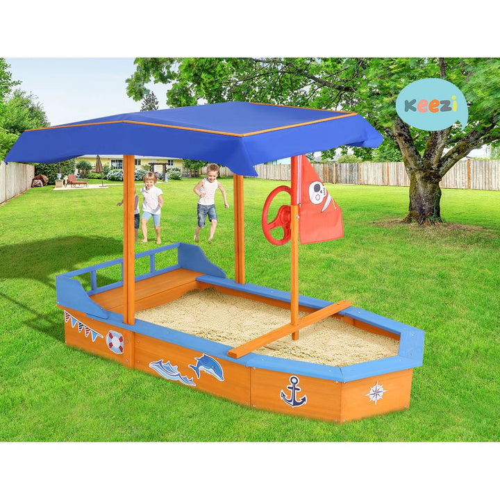 Keezi Kids Sandpit Wooden Boat Sand Pit with Canopy Bench Seat Beach Toys 150cm