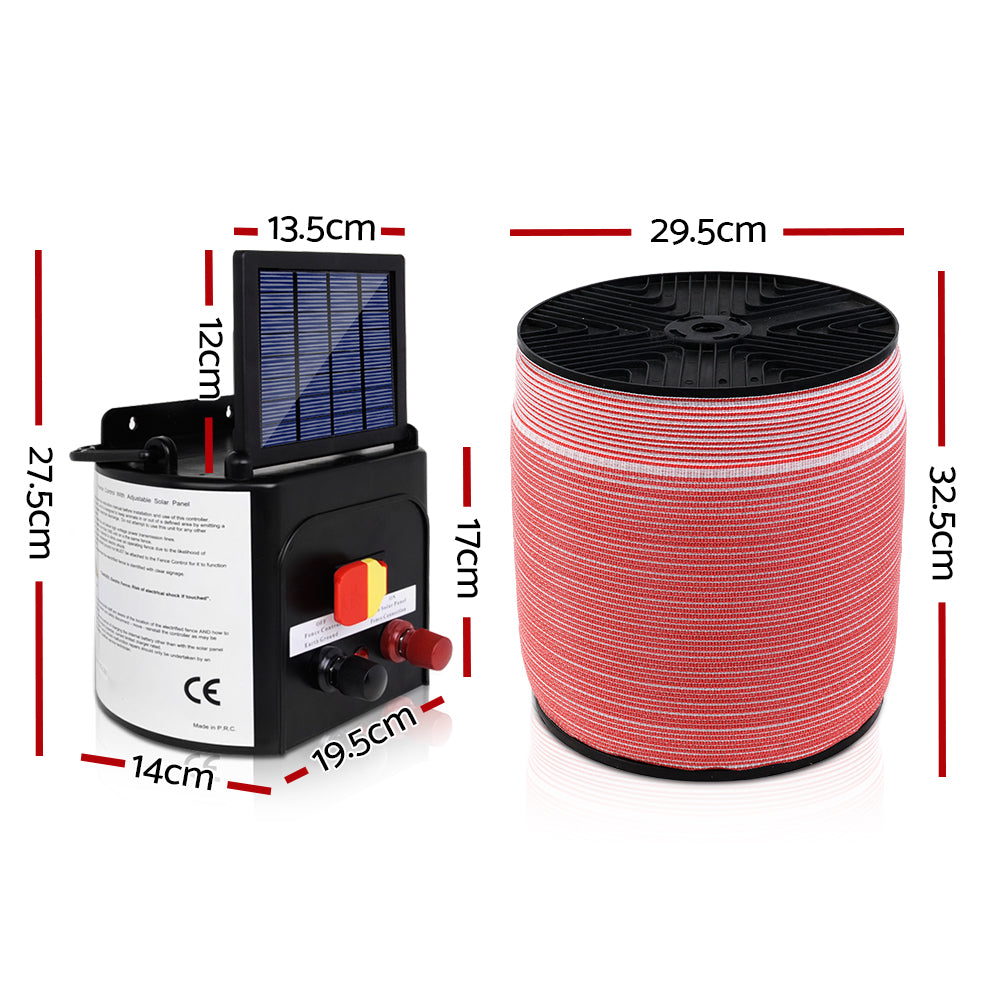 Giantz Fence Energiser 3KM Solar Powered Electric 2000M Poly Tape