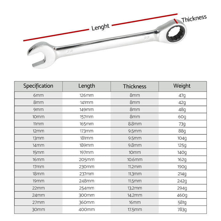 Giantz 17pcs Ratchet Spanner Set Metric 6MM-30MM