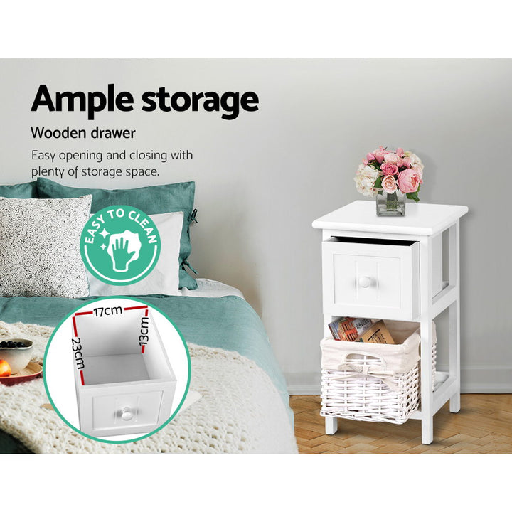 Artiss Bedside Table 1 Drawer with Basket Rustic White X2