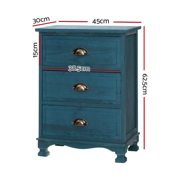 Artiss Bedside Table 3 Drawers Vintage - THYME Blue