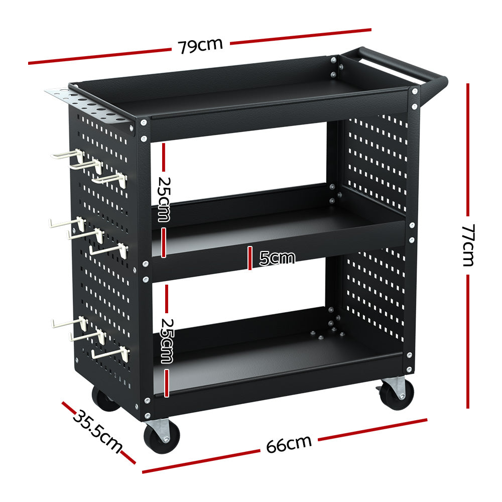 Giantz 3-Tier Tool Cart Storage Trolley Workshop Garage Pegboard Hooks Black