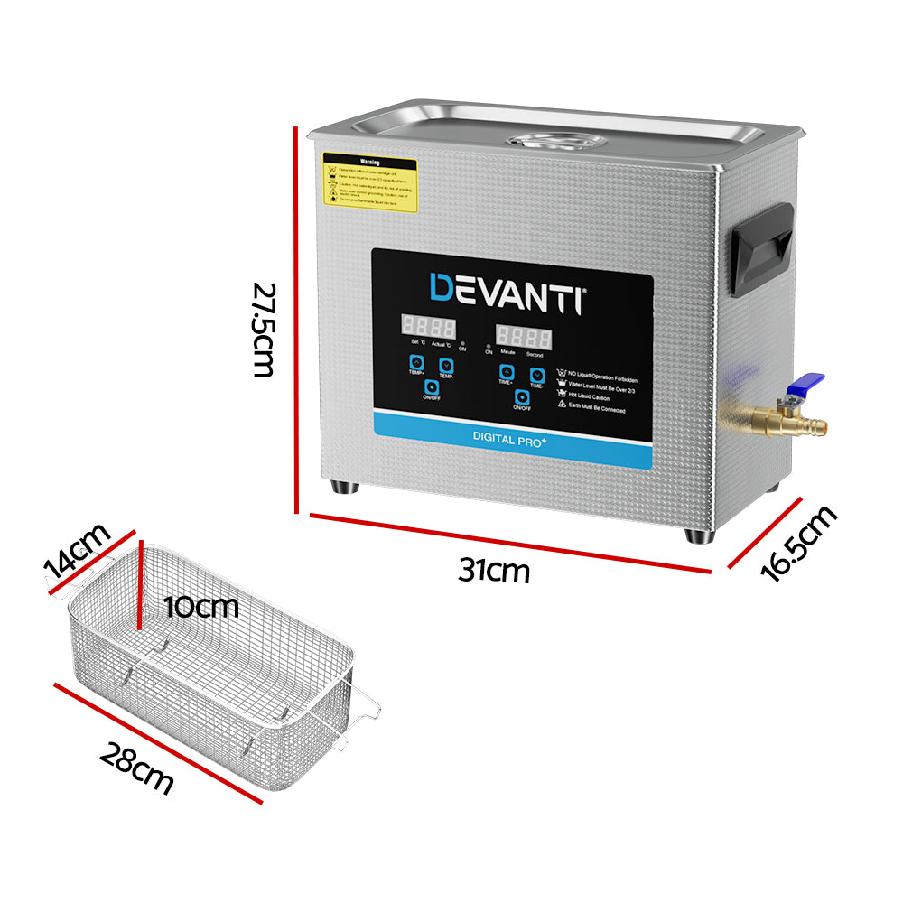 Devanti 6.5L Ultrasonic Cleaner Heater Cleaning Machine Timer Industrial 180W