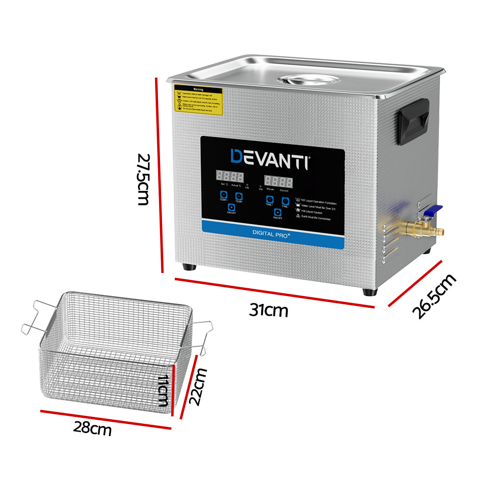 Devanti 10L Ultrasonic Cleaner Heater Cleaning Machine Timer Industrial 240W