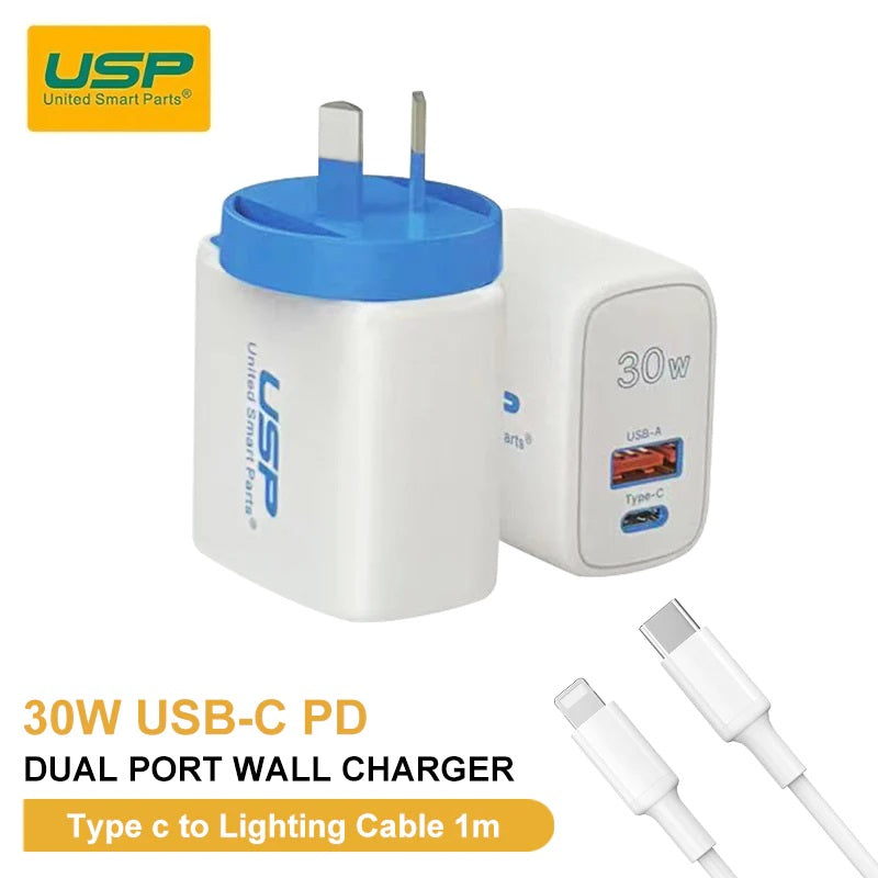 USP 30W Dual Port (USB-A + USB-C) PD Fast Wall Charger + Lightning Cable (1M) - (6972475750480), PD + QC3.0 Fast & Safe Charge, Compact, Travel-Ready