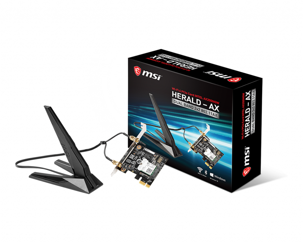 MSI HERALD-AX INTEL AX200NGW WI-FI 6 PCI-E Adapter, PCI-E x1, Bluetooth 5, 2.4 GHz/5 GHz Frequency, 2.4 Gbps Max Speed