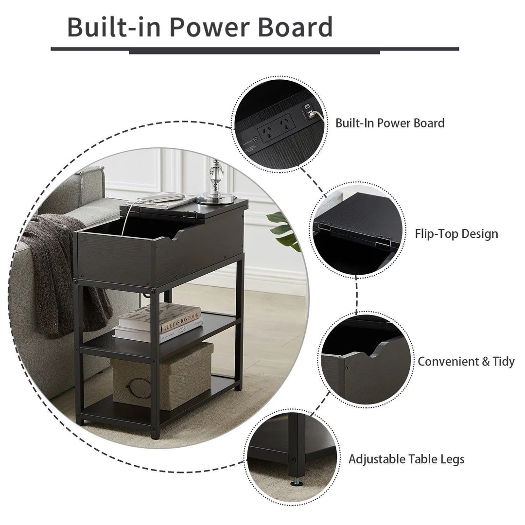 Compact 3-Tier Sofa Side Table with Powerboard, Black