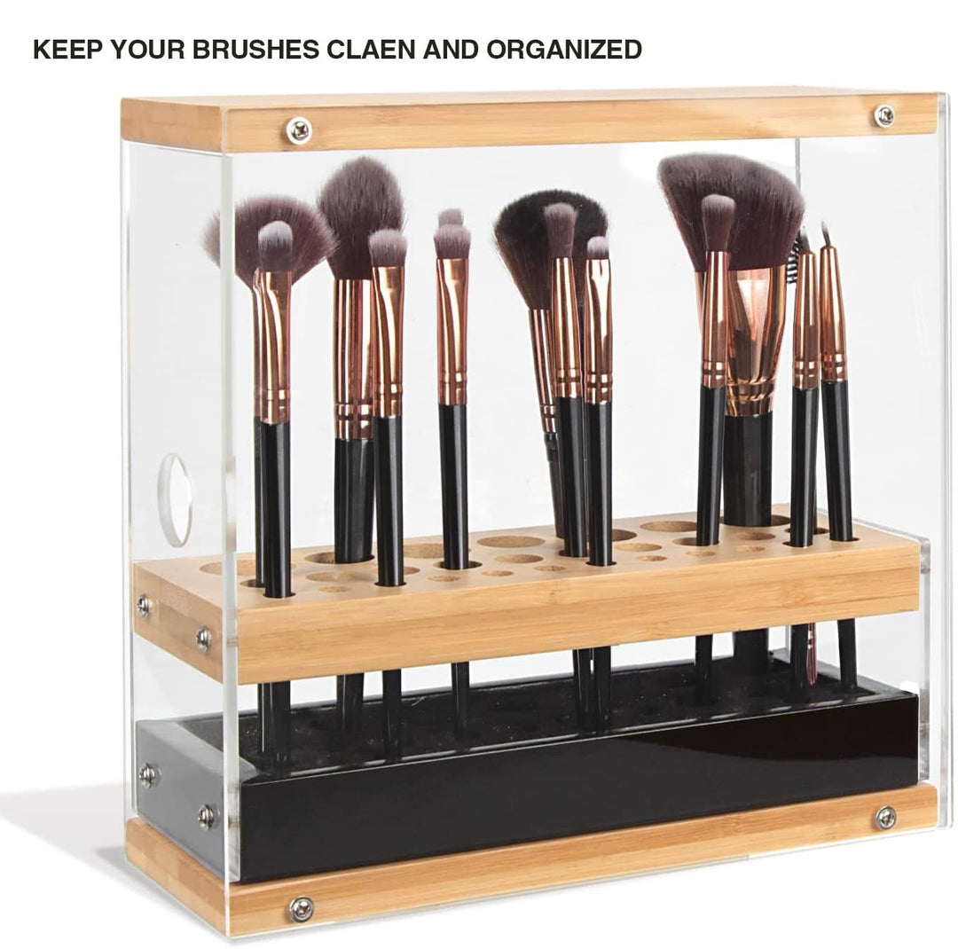 31 Holes Acrylic Bamboo Brush Holder Organiser Beauty Cosmetic Display Stand with Leather Drawer Black (22.3 x 8.6 x 21.5 cm)