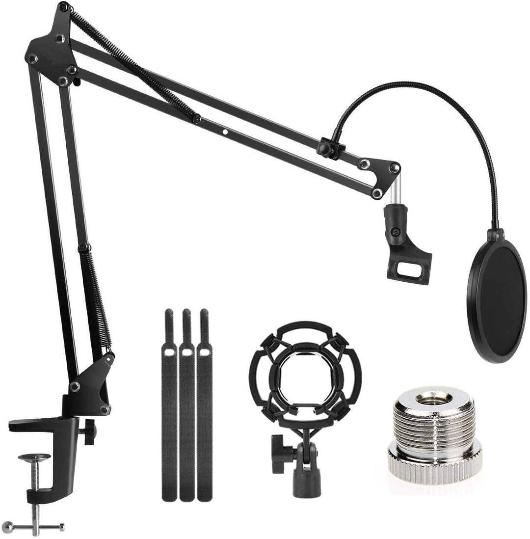 Microphone Radio Broadcasting Stand with 3/8"to 5/8" Screw Adapter and Windscreen Pop Filter