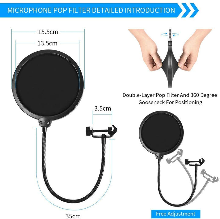 Microphone Radio Broadcasting Stand with 3/8"to 5/8" Screw Adapter and Windscreen Pop Filter