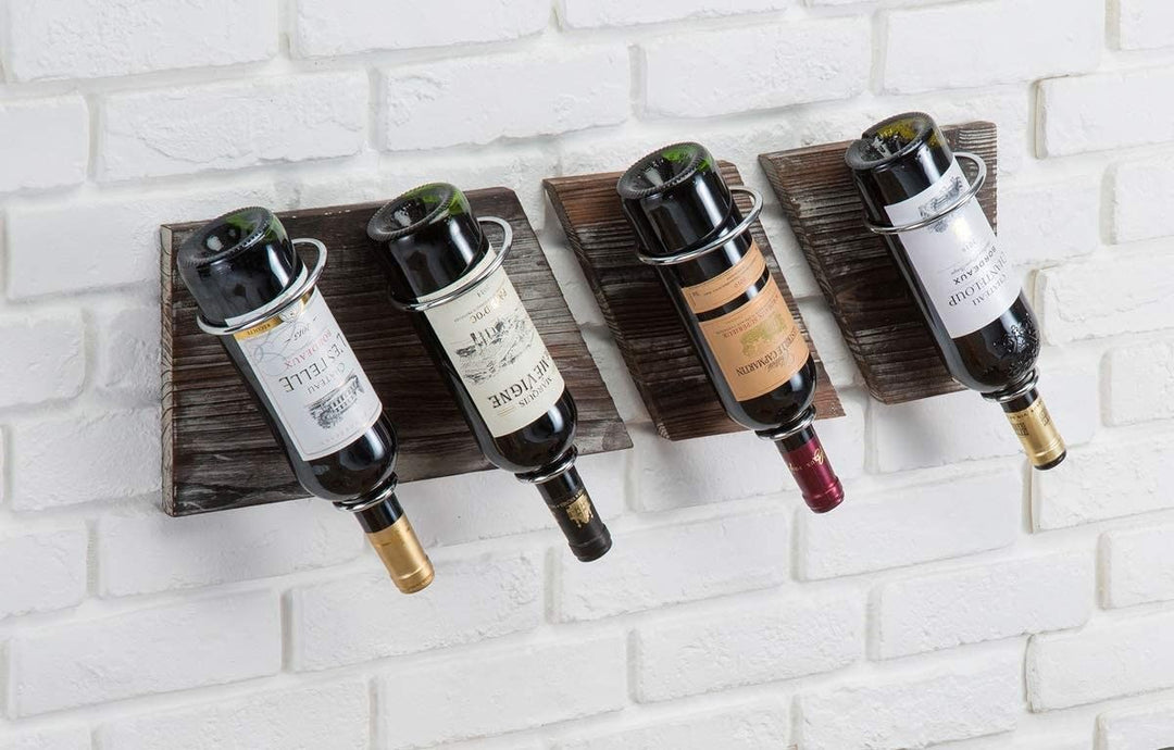 Rustic Wood and Metal Wine Rack Set for 4 Bottle Storage Holder for Home Bar Kitchen Living Room