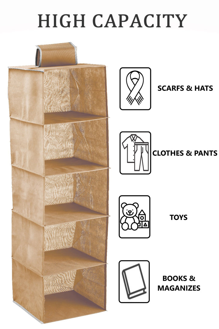 5 Tier Shelf Hanging Closet Organizer and Storage for Clothes (Beige)