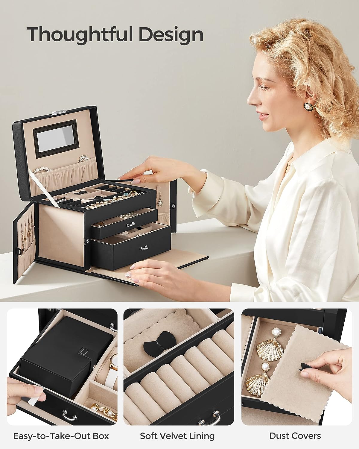 Jewelry Box 3 Layers Organizer Lockable Storage