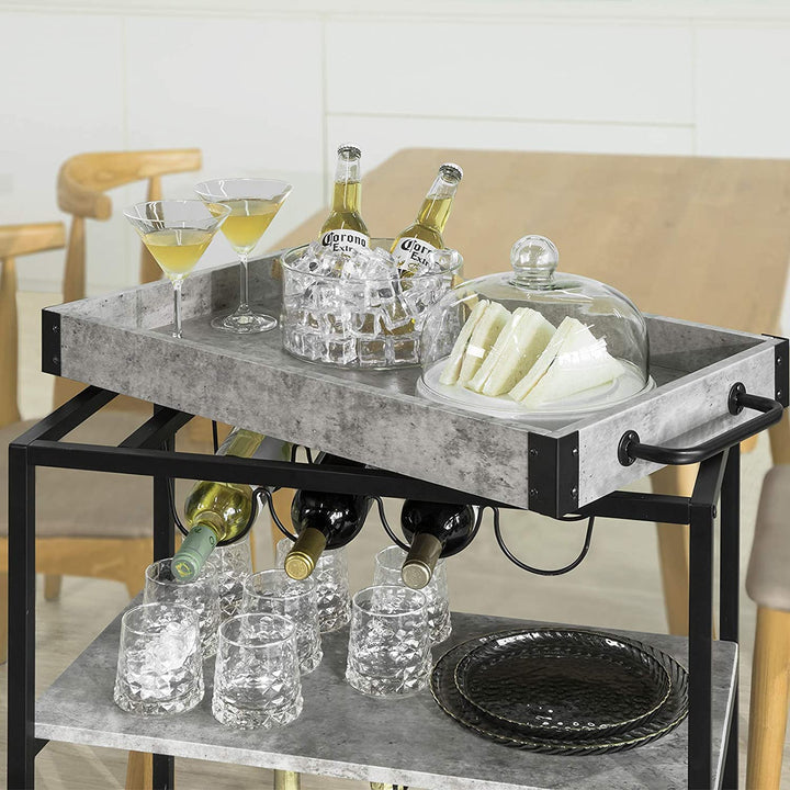 Industrial Vintage Style Wood Metal 3 Tiers Kitchen Serving Trolley with Wine Rack (Grey)