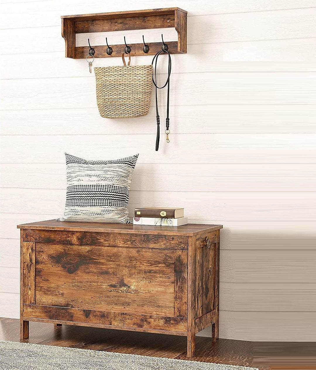 Wooden Sturdy Entryway Storage Bench with Safety Hinge