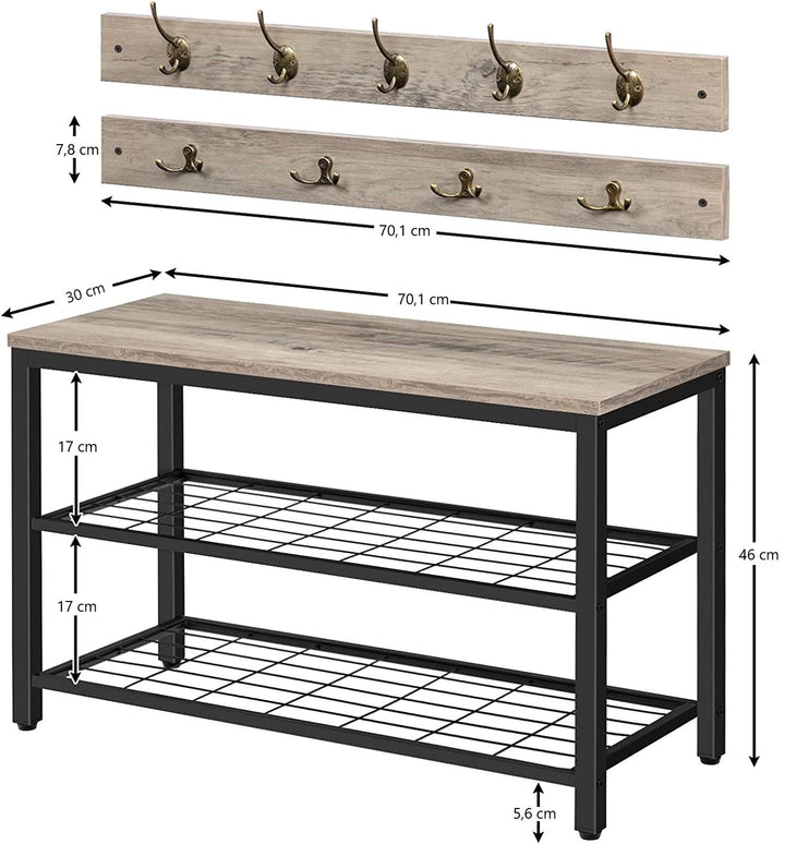 Industrial Design Entryway Shoe Rack with Coat Hooks Organizer (Grey)