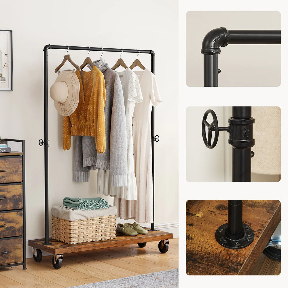 Industrial Pipe Rolling Garment Rack Shoe Shelf