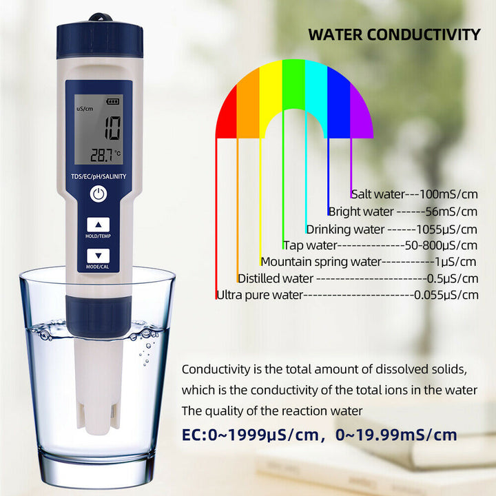 5-IN-1 Digital Water Quality Tester Waterproof pH TDS EC Temperature Meter Pool