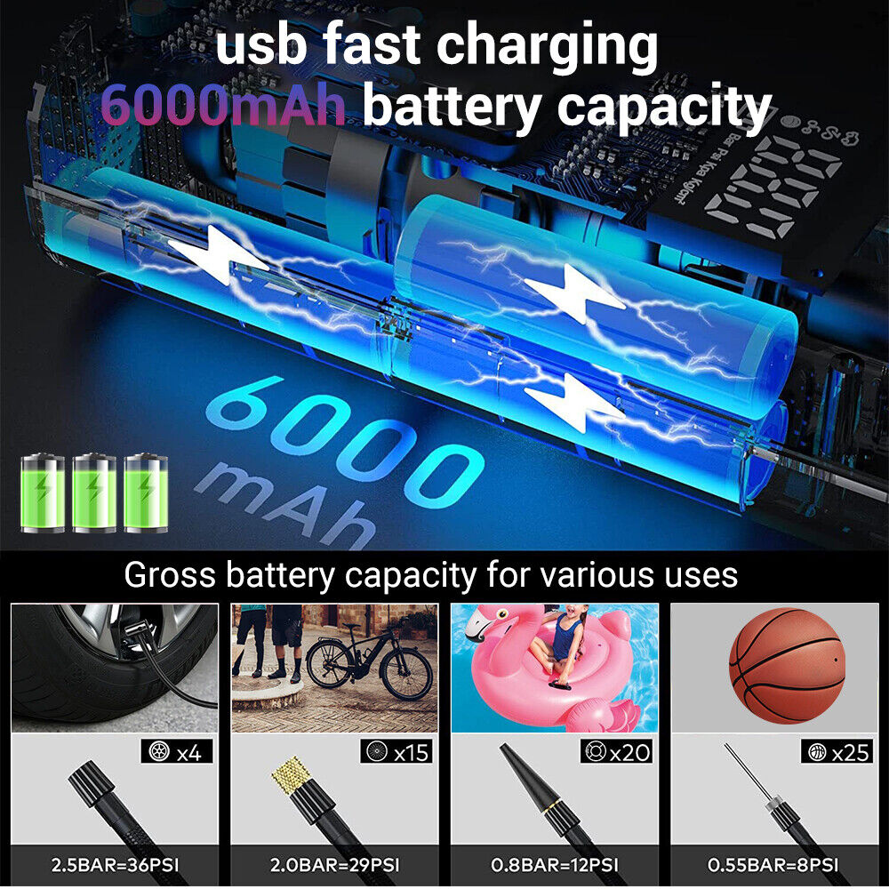 6000mAh Car Tyre Inflator 12V Air Compressor Electric Pump Cordless USB Charging