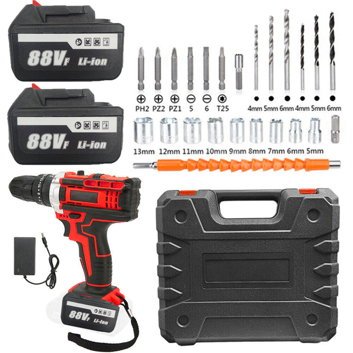 Cordless Drill w/2 Battery Heavy Duty Impact Driver Kit Brushless Hammer Set 88V