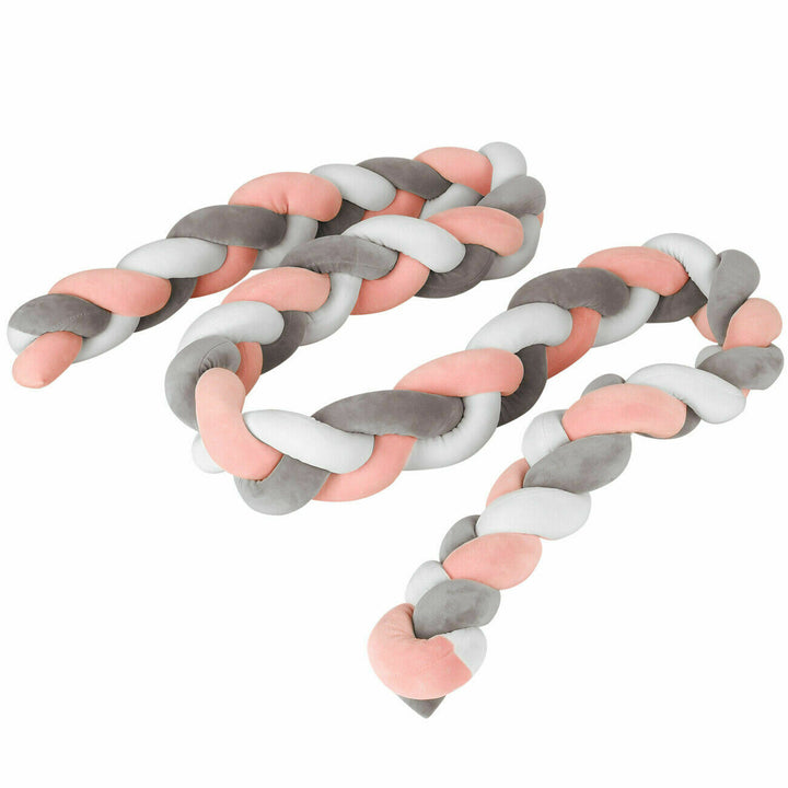 4M Kid Cot Bumper Braid Pillow Nursery Newborn Crib Bed Padded Protector Decor Gray+White+Pink