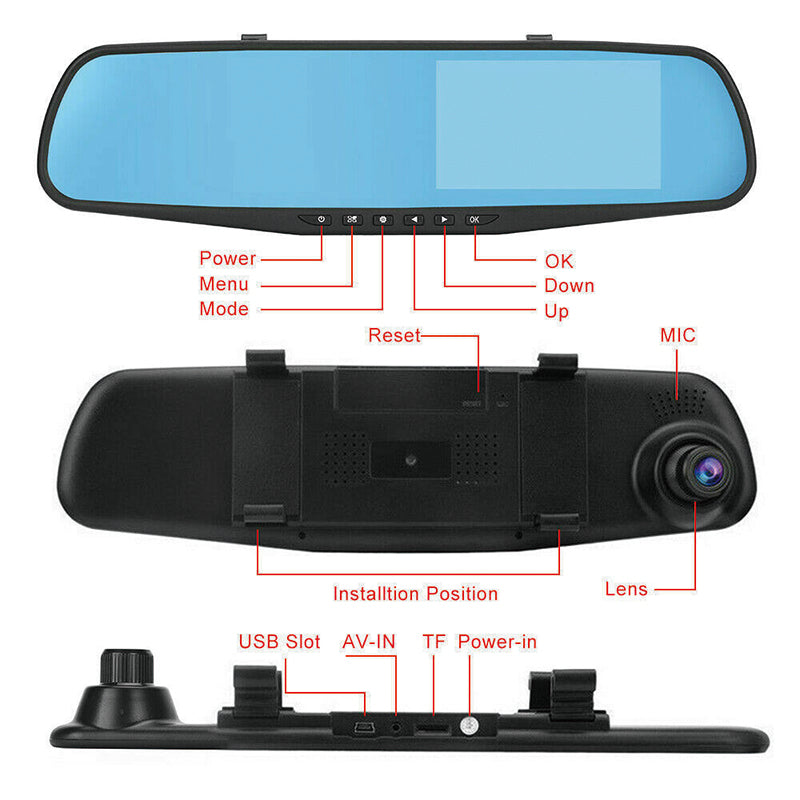 1080P Rear View Reversing Mirror 4.3'' Front And Rear DVR Car Dash Camera Dual Lens