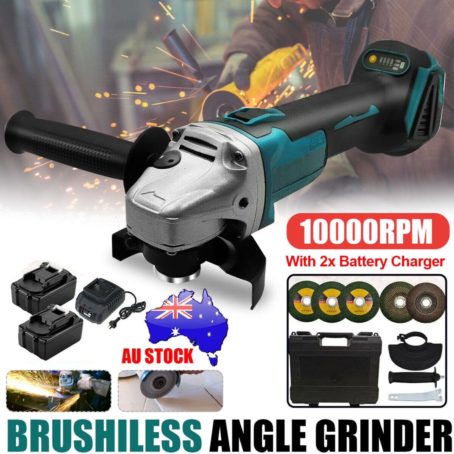 Brushless Cordless Angle Grinder With 2x Li-ion Battery Charger 125mm Combo Kit