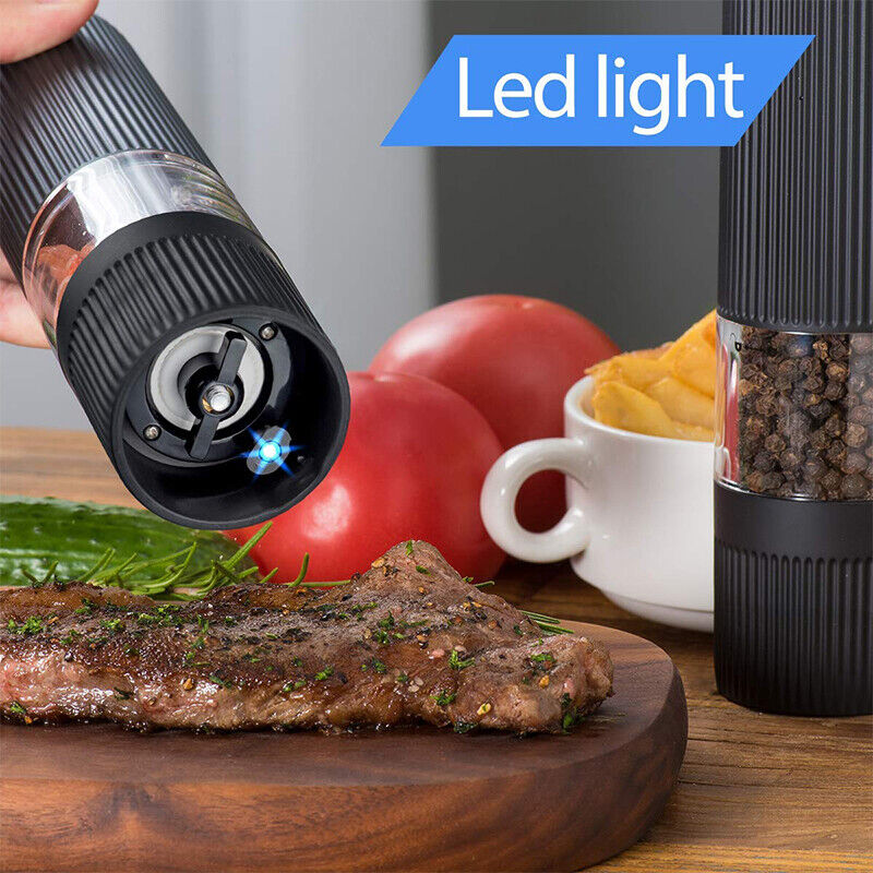 Electric Salt Pepper Mill Grinder Battery Powered LED Light Adjustable AU