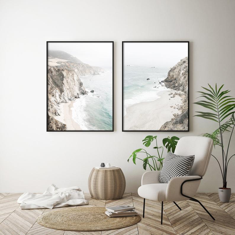 Wall Art 60cmx90cm Mountain Beach 2 Sets Black Frame Canvas