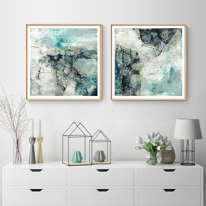 Wall Art 50cmx50cm Marbled Green 2 Sets Gold Frame Canvas