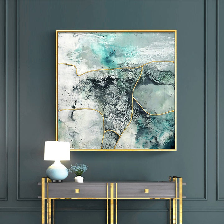 Wall Art 60cmx60cm Marbled Green 2 Sets Gold Frame Canvas