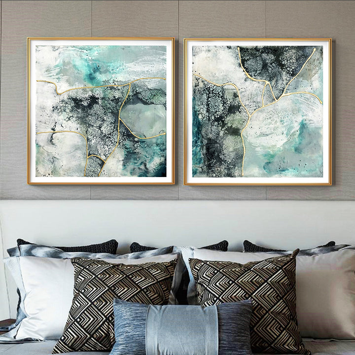 Wall Art 60cmx60cm Marbled Green 2 Sets Gold Frame Canvas